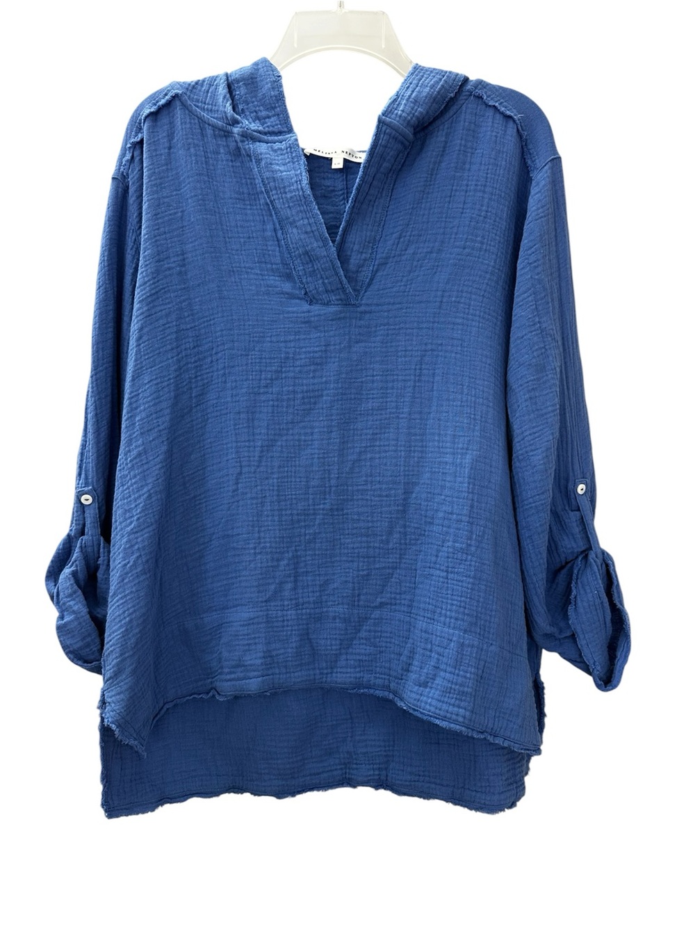 Melissa Nepton Top Blue Gauze Pullover Hoodie Tabbed Sleeves Women’s Size Large